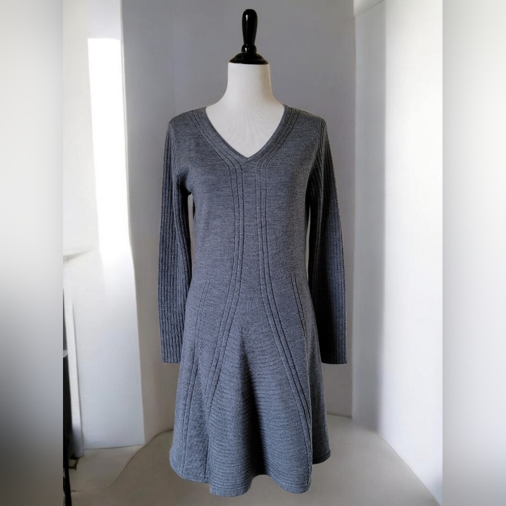 Krimson Klover Merino Wool Sweater Fit Flare Dress Gray V Neck L *repair